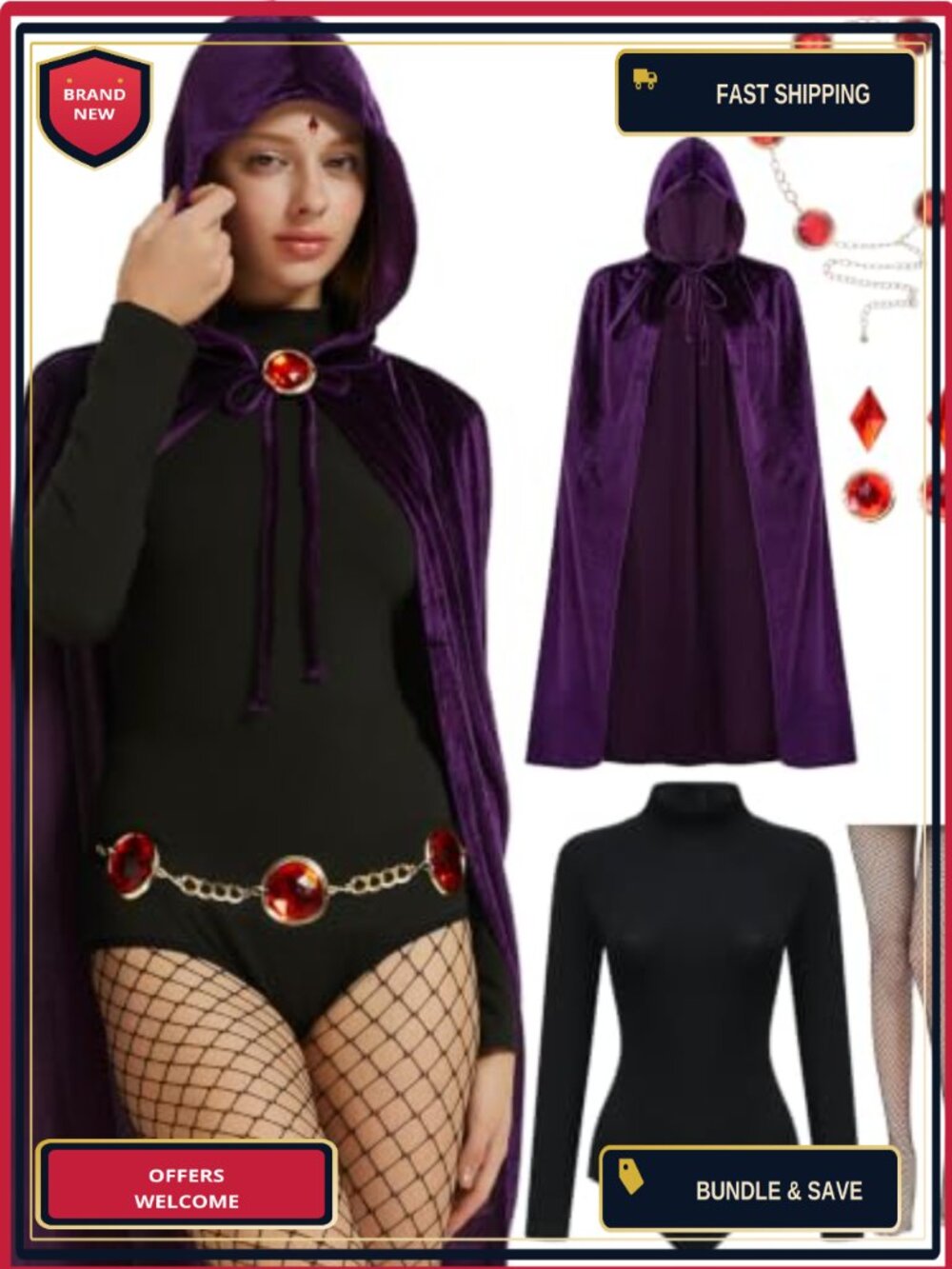 Mystic Heroine Costume Set Purple Hooded Cape Bodysuit Halloween Cosplay Adult
